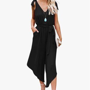 BELONGSCI Sleeveless Shoulder V-Neck Wide Leg Jumpsuit in Olive
